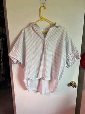 LOFT White and Light Blue Striped Button-Up Top